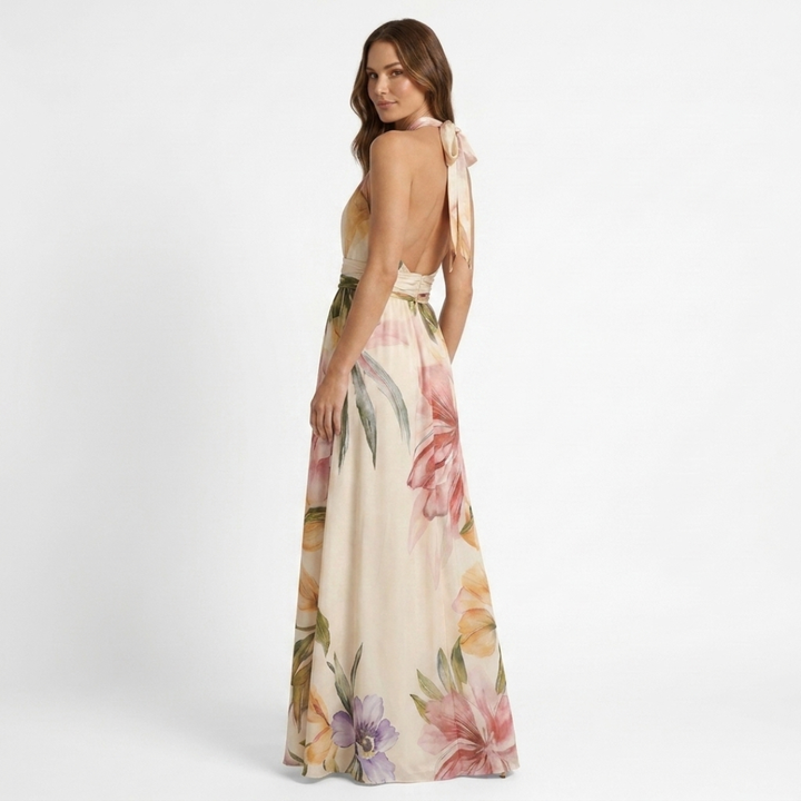 Anca - Rochie lungă cu decolteu floral și bretele