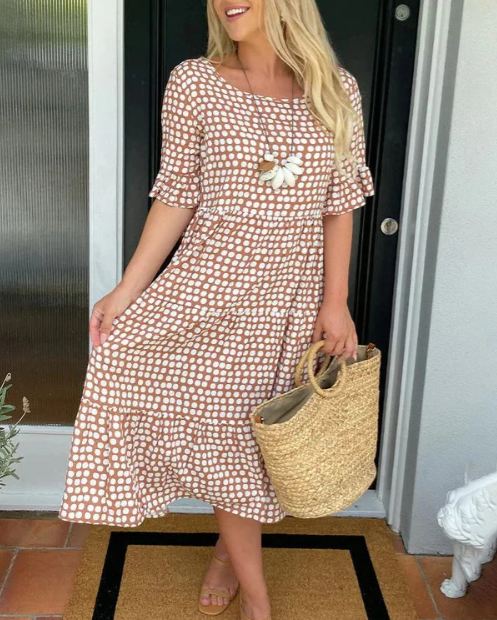 ZORA | Rochie Midi cu Mâneci Scurte în Culoare Nisip