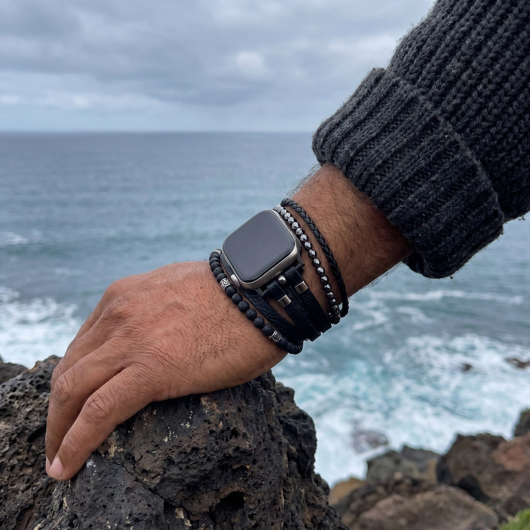 Reyo - Brățară multi-volte pentru Apple Watch, piatră vulcanică, închidere din oțel inoxidabil