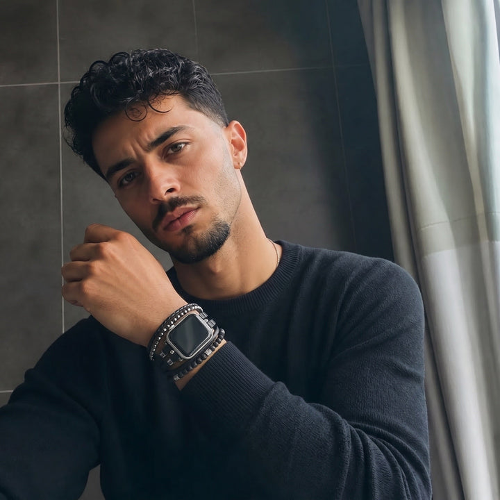 Reyo - Brățară multi-volte pentru Apple Watch, piatră vulcanică, închidere din oțel inoxidabil