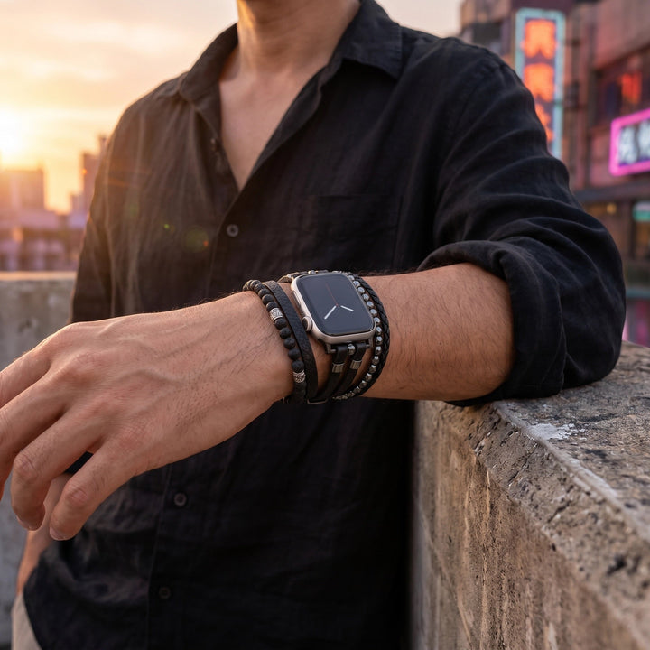 Reyo - Brățară multi-volte pentru Apple Watch, piatră vulcanică, închidere din oțel inoxidabil