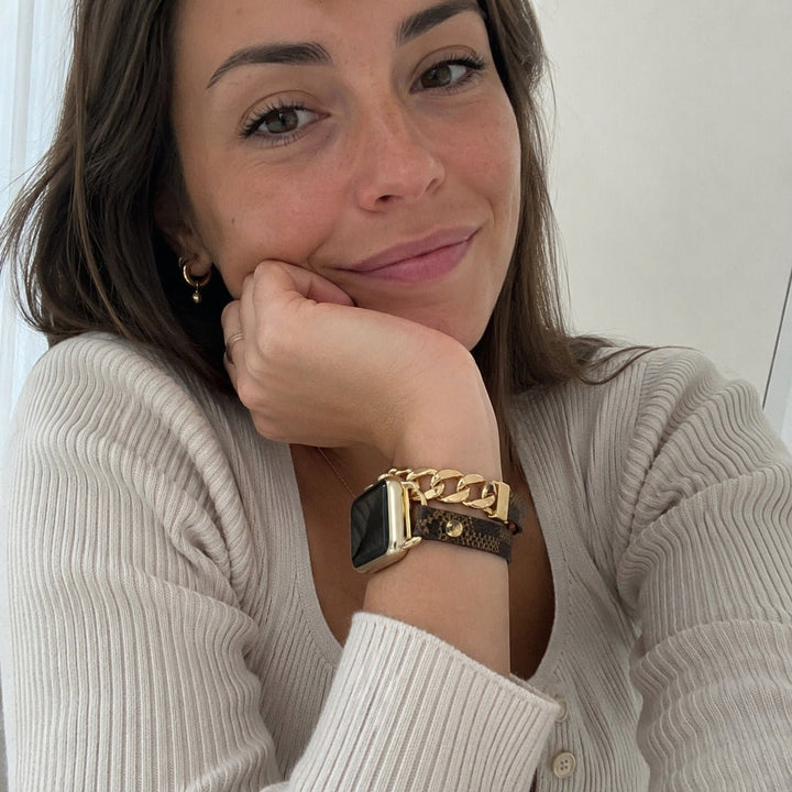 Harmania - Brățară compatibilă cu Apple Watch, dublu tur maro cu model, lanț cubanez auriu, închidere ajustabilă