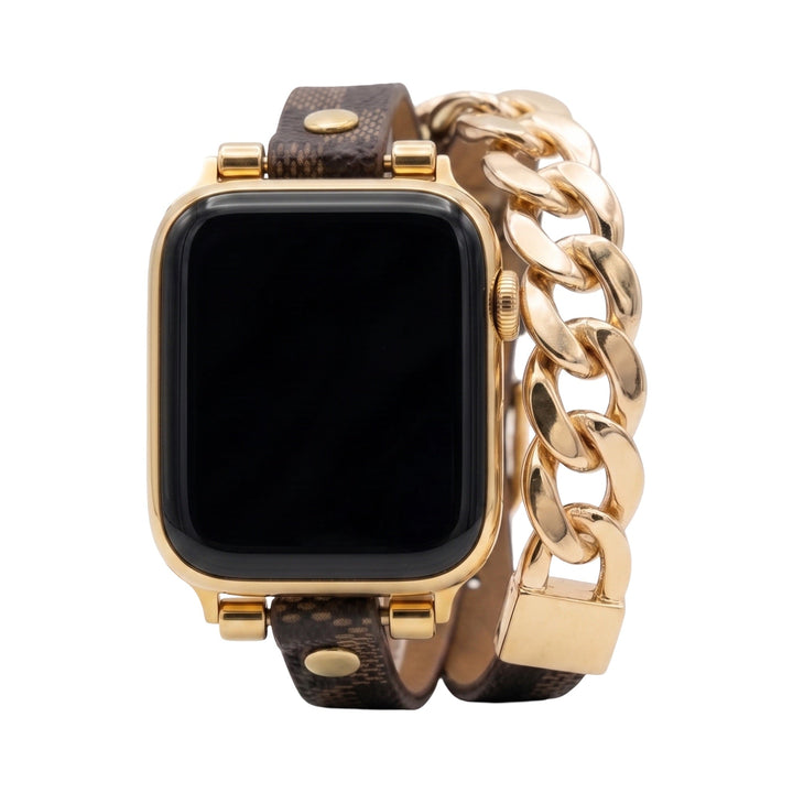Harmania - Brățară compatibilă cu Apple Watch, dublu tur maro cu model, lanț cubanez auriu, închidere ajustabilă