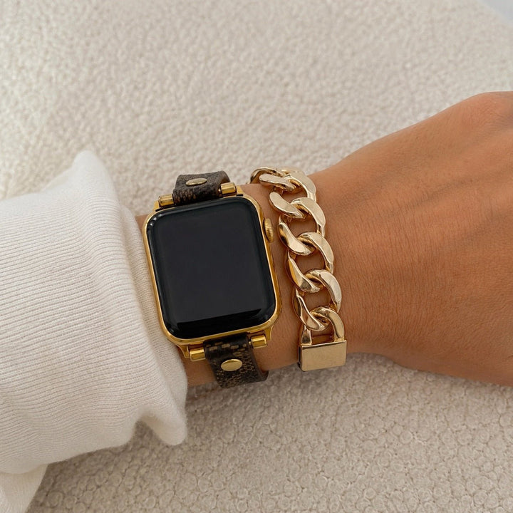 Harmania - Brățară compatibilă cu Apple Watch, dublu tur maro cu model, lanț cubanez auriu, închidere ajustabilă