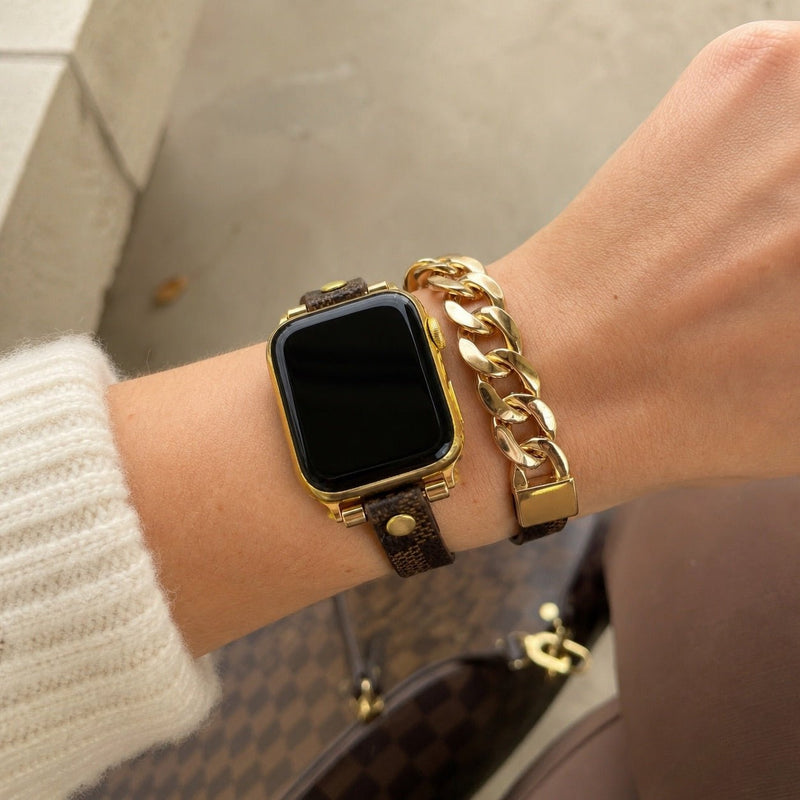 Harmania - Brățară compatibilă cu Apple Watch, dublu tur maro cu model, lanț cubanez auriu, închidere ajustabilă