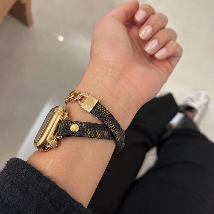 Harmania - Brățară compatibilă cu Apple Watch, dublu tur maro cu model, lanț cubanez auriu, închidere ajustabilă