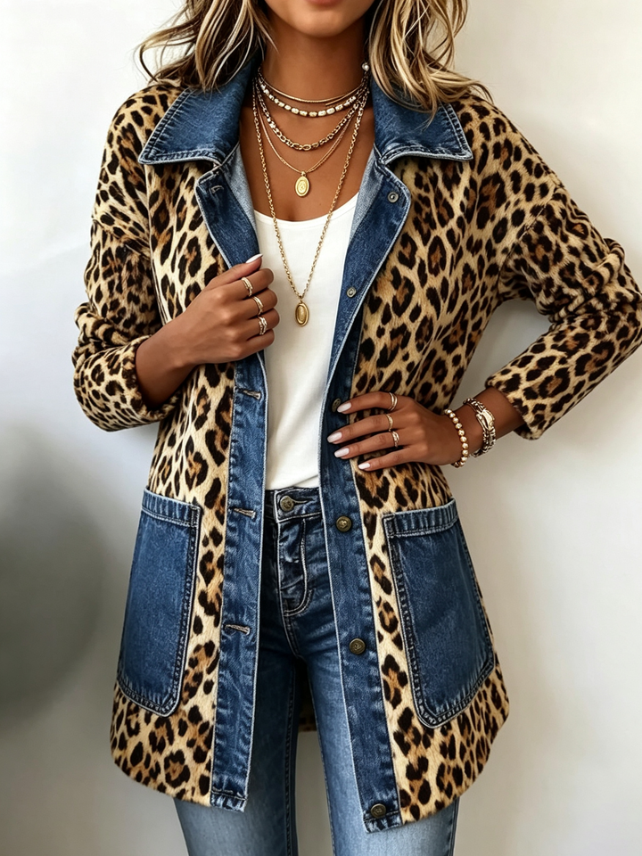 Madeleine | Jachetă lungă din denim cu imprimeu leopard și contrast