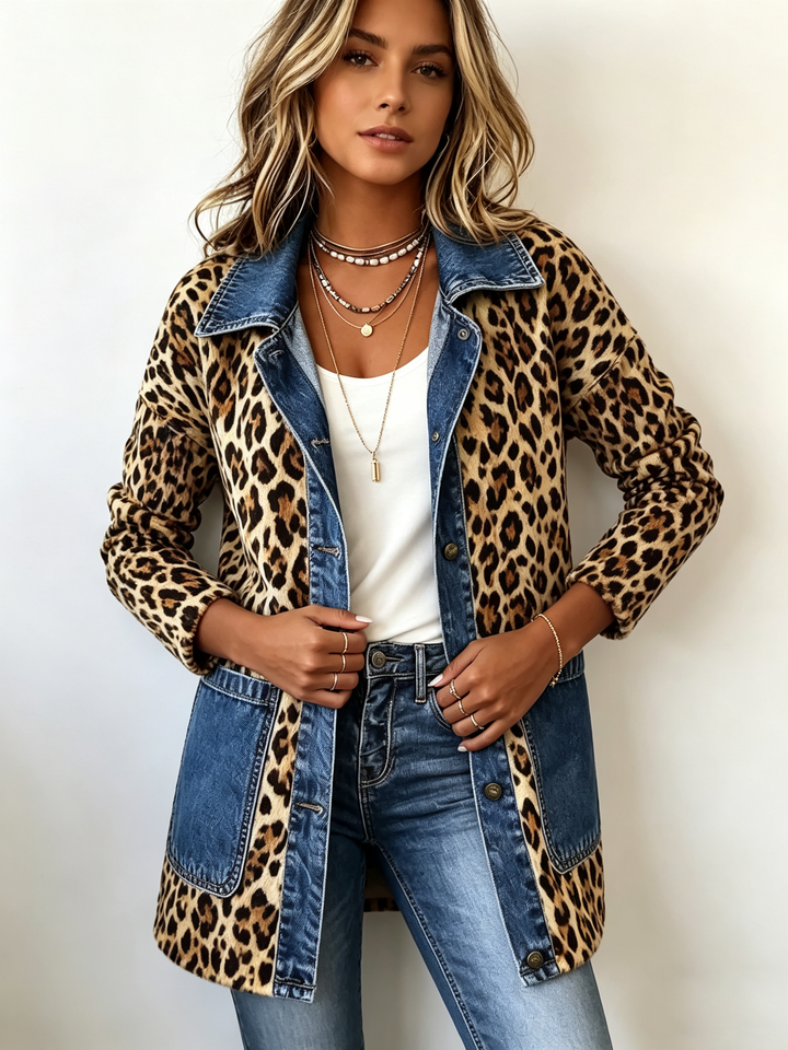 Madeleine | Jachetă lungă din denim cu imprimeu leopard și contrast