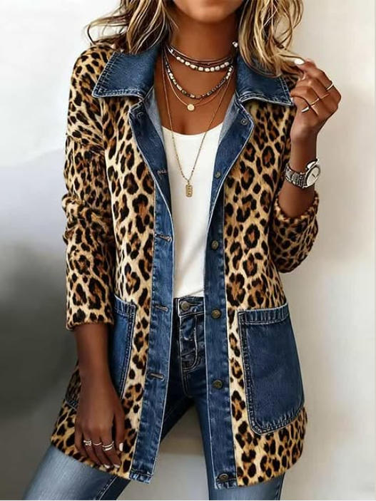 Madeleine | Jachetă lungă din denim cu imprimeu leopard și contrast